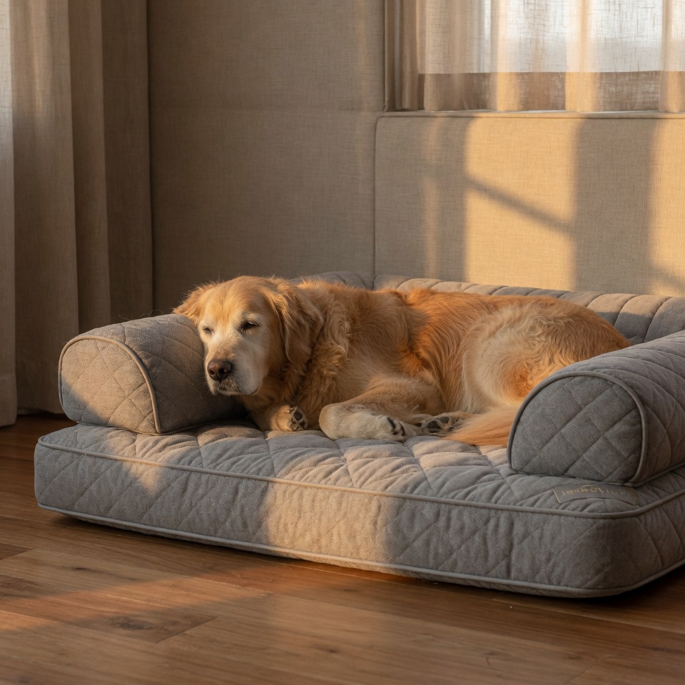 Senior golden retriever resting on a BallisticForge orthopedic mattress with low bolster