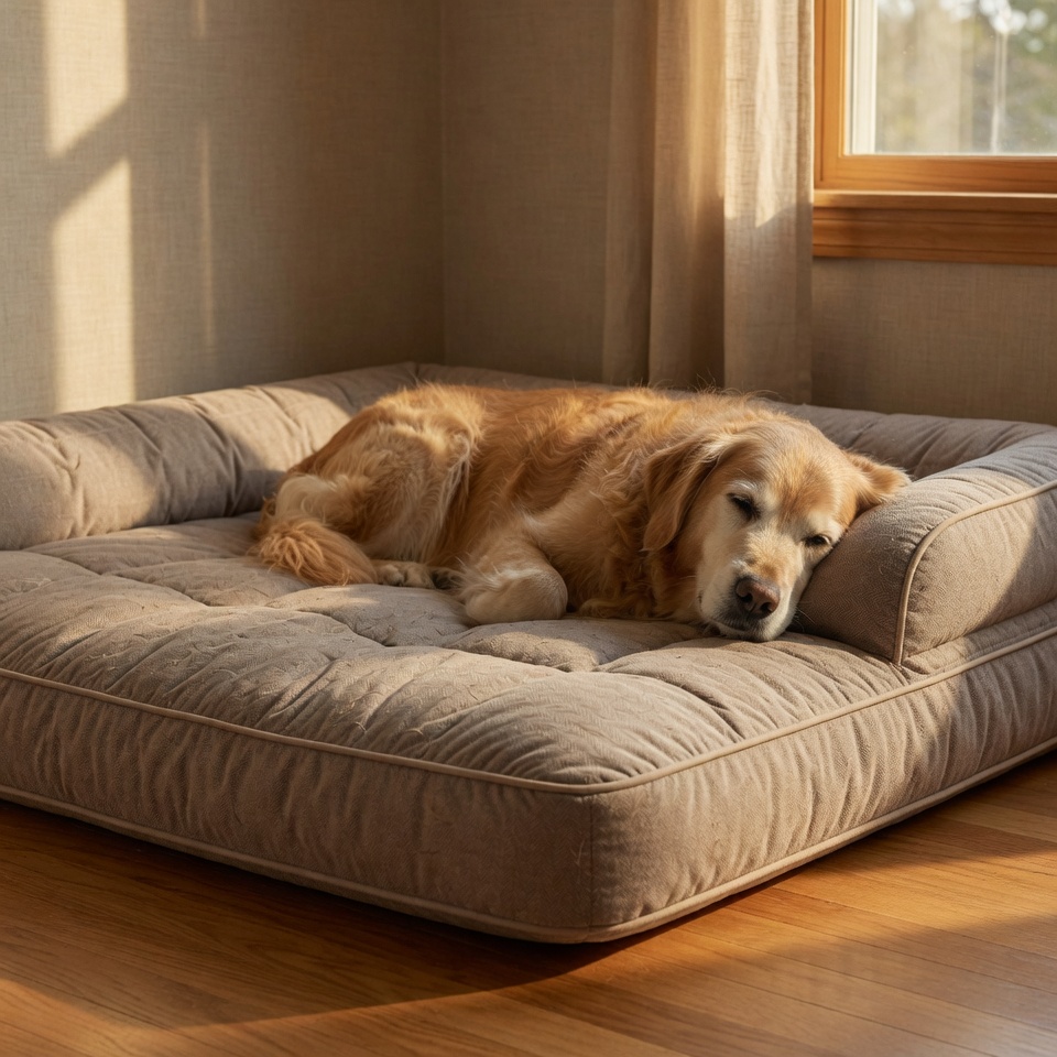 Senior golden retriever curled comfortably on a Padfoundry mattress
